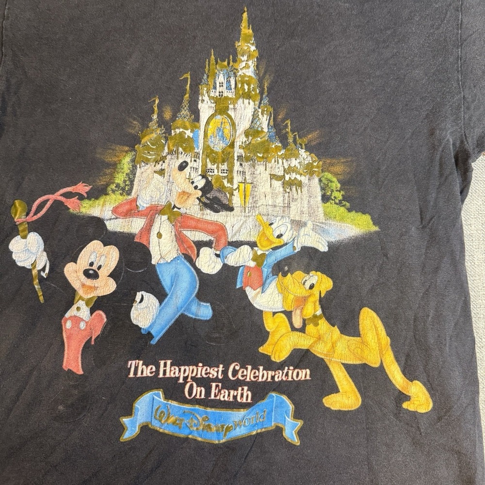 Vintage Walt Disney World Mickey Goofy Pluto Tee S Faded Black Single Stitch